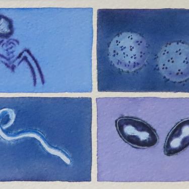 Blue and Purple Viruses - original watercolor painting 
