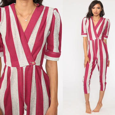 80s Striped Jumpsuit Pink Tapered Puff Sleeve Cotton Pantsuit Romper Striped Half Sleeve Deep V Wrap Small Short 