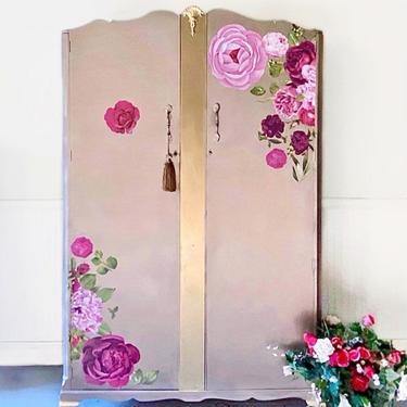 Vintage Armoire - Champagne Wardrobe | Gold Wardrobe | Mahogany Closet | Storage Cabinet | Shabby Chic Decor | Hallway Table 