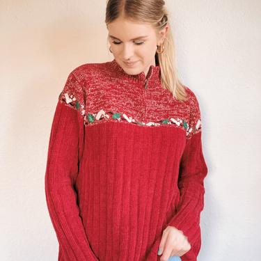 Vintage Holiday Christmas Sweater / Three Quarter Zip 