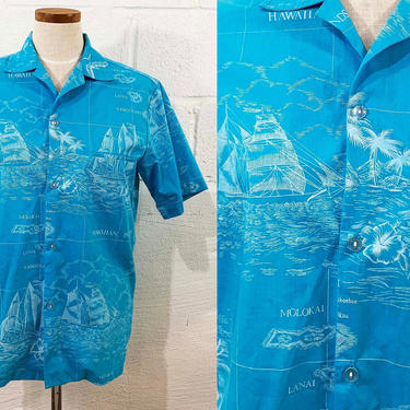 Vintage Helena's Hawaiian Shirt Hawaii Map Summer Short Sleeve Resortware Cruise Vacation Beach Cabanaware Summer Floral Blue Medium Large 