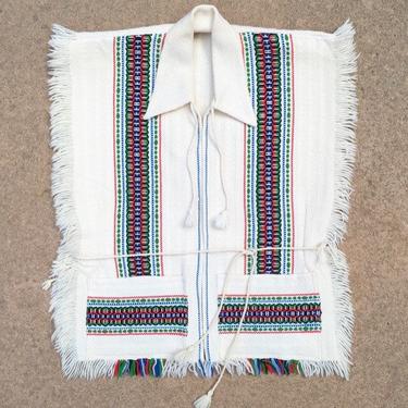 Vintage 1970s Woven Off White + Red Green Blue Collared Side Tie Belted Waist Fringe Trim Vest Cape One Size Fits 