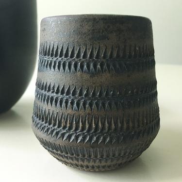 Mini Vase Bowl with Stripe Texture Studio Pottery Signed Art Vintage Mid Century Black 