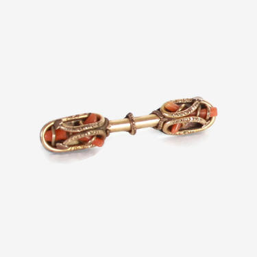 Vintage Edwardian CORAL &amp; GOLD Brooch / 1910s Pink Branch Coral and Rose Gold Filigree Barbell Pin 