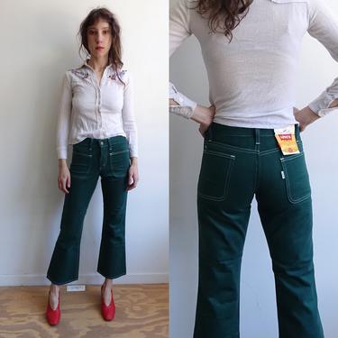 Vintage 70s Forest Green Levis Kick Flare Pants/ 1970s Mid Rise Patch Pockets Cropped/ Size 00 XXS 