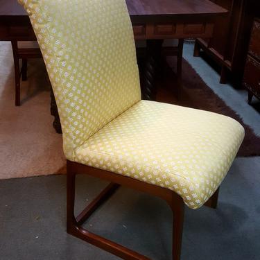 Danish Modern side chair with yellow and white upholstery and walnut base