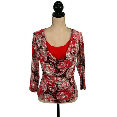 90s Red Paisley Shirt, Polyester Knit Top, Draped Cowl Neck 3/4 Sleeve Fitted Blouse Medium, 1990s Clothes Women Vintage from Susan Lawrence 