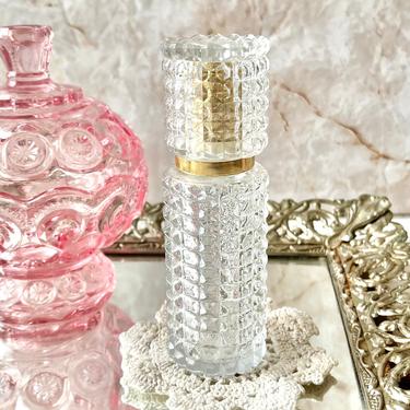 Diamond Cut Glass Perfume Bottle, Faceted, Dresser, Vanity, Mid Century Vintage 