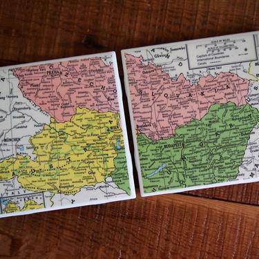 1951 Austria, Czechoslovakia, &amp; Hungary Vintage Map Coasters - Ceramic Tile Set of 2 - Repurposed 1950s Hammond Atlas - Handmade - Europe 