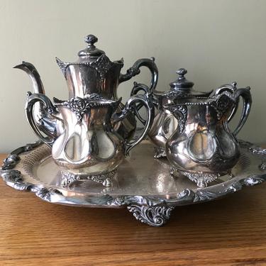 Antique Apollo Quadruple Plate Silver Tea Set with Round Footed Tray 