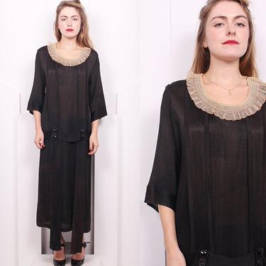 Vintage 1920's Black Ribbed Rayon Dropped Waist Dress • 20's Half Sleeve Authentic Flapper Dress • Size S 