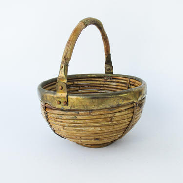 Vintage Bamboo Woven Basket with Handle and Brass Detail 