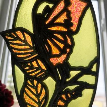 Vintage Handmade Oval Butterfly and Caterpillar Floral Stain Glass Suncatcher, Antique Handmade Stain Glass Oval Window Decoration by LeChalet