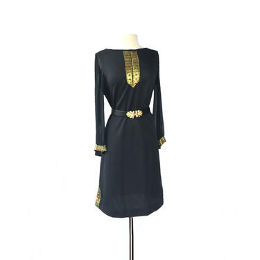 Vintage 70s L’Aiglon black caftan dress| gold metallic colorful ethnic trim party dress| black &amp; gold boho kaftan 