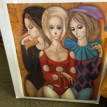 Mid Century Margaret Keane Lithograph 1963 Printed in Japan Three Harlequins 