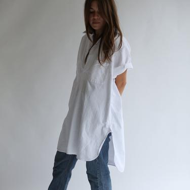 Vintage White Cotton Tunic Blouse Shirt | British Military Long Popover Short Sleeve Smock | Ceramic Studio | M L 
