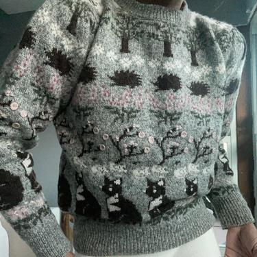 vintage rare whimsical forrest story tale wool puff sleeve embroidered sweater 