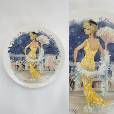 1976 D'Arceau Limoges Porcelain Plate ~ Handpainted Plate for Home Wall Decor ~ Paris High Fashion Model ~ Yellow Sheath Mermaid  Dress 