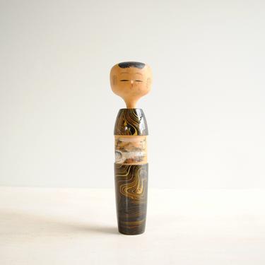 Vintage Japanese Kokeshi Doll, 6.5&amp;quot; Kokeshi Doll, Japanese Wood Doll, Hand Painted Black Marbled Kokeshi Doll 