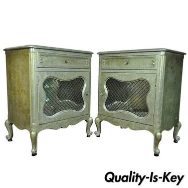 Pair Hollywood Regency French Style Silver Leaf Bedside Table Mirror Nightstands