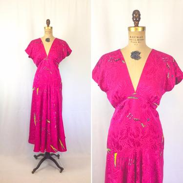 Vintage 80s dress | Vintage hot pink silk dress | 1980s novelty print cocktail party dress 