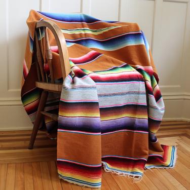 Vintage Colorful Mexican Saltillo Rainbow Striped Blanket 