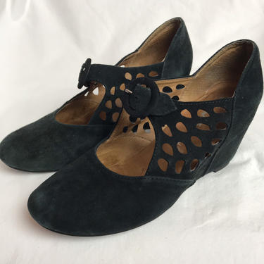 1920’s Inspired wedge shoes~ Jeffrey Campbell size 8 black suede Mary Janes~ buckle~ eyelet cutouts~ flapper style~ size 8 
