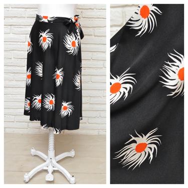 Mr. Dino Black Wrap Skirt with White and Orange Abstract Print 1970’s Midi Skirt 