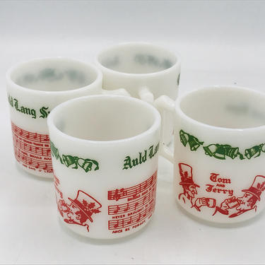 Vintage set of 4 Christmas Hazel Atlas Milk Glass Tom Jerry Mug Egg Nog Auld Lang Syne Nice Condition 
