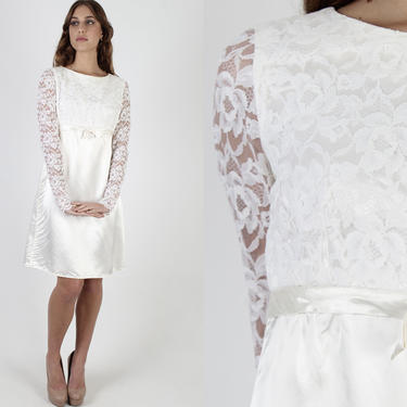 Vintage 60s Mod Wedding Dress / White Floral Lace Short Dress / 1960s Plain Satin Sheer Floral / Simple Bridal Ceremony Mini Dress 