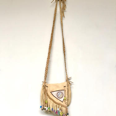 Vintage 1960s Handmade Buckskin Shoulder Bag, 60s Artisan Leather Hippie Purse with Beaded Fringe, Handcrafted Boho Bag 
