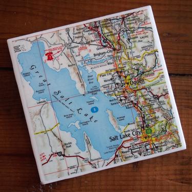 1964 Great Salt Lake Utah Map Coaster. Utah Gift. Salt Lake City Map. Vintage Ogden. Utah Décor. Southwestern. American Southwest Coasters. 
