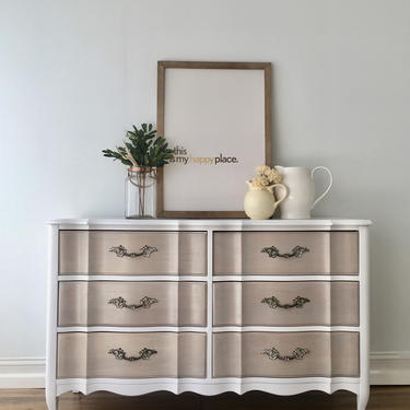 French Provincial 6 Drawer Dresser ~ White + Driftwood Stain 