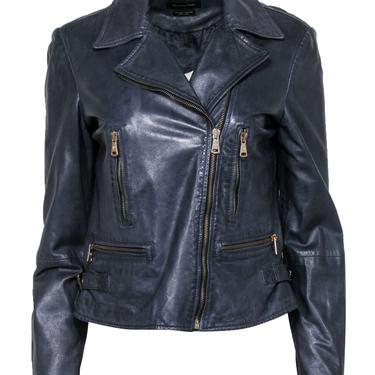Massimo Dutti - Dark Slate Blue Leather Zip-Up Moto-Style Jacket Sz L