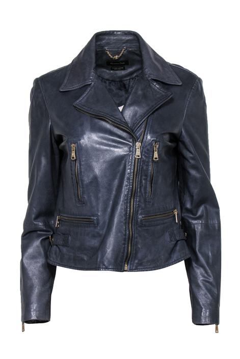 Massimo Dutti - Dark Slate Blue Leather Zip-Up Moto-Style Jacket Sz L