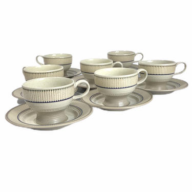 Vintage Mikasa Brown and White Art Deco Style Libretto Stoneware Tea Cup and Saucers, set of 7 