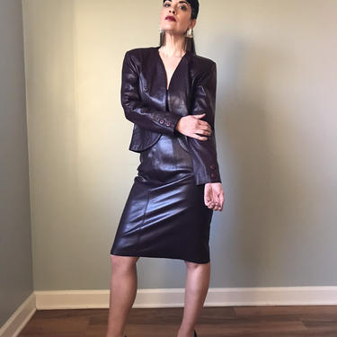 vintage 80s plum leather suit | BERGDORF GOODMAN leather blazer and matching skirt 