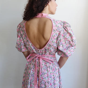 Vintage 80s Floral Backless Cotton Dress with Puff Sleeves/ 1980s Prairie Style Balloon Sleeve Open Back Dress/ Size Medium 