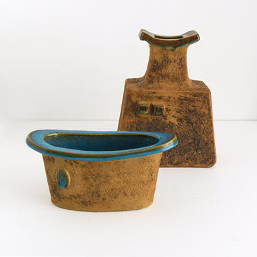 Curt Addin studio partial glaze stoneware vase and bowl.