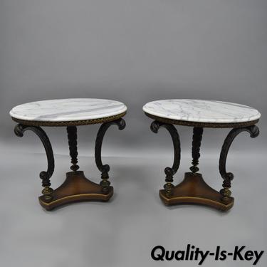 Pair Hollywood Regency French Style Marble Top Plume White Metal End Side Tables