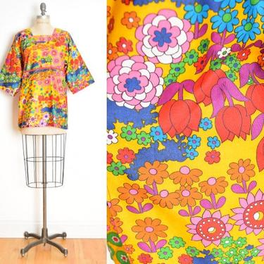 vintage 60s top yellow psychedelic floral print hippie smock shirt colorful M clothing 