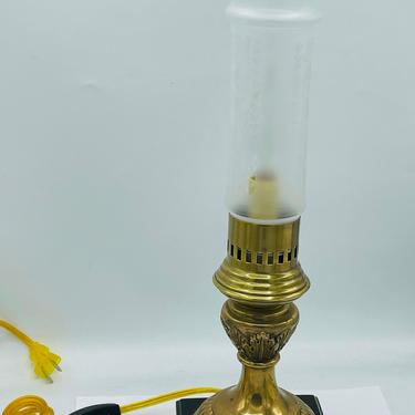 RARE Vintage Frederick Cooper Brass Candlestick Lamp with Etched Globe and Wood Base 17&quot; Excellent Condition 
