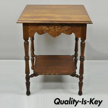 Antique American Victorian Carved Oak Wood 2 Tier Fern Lamp Accent Table