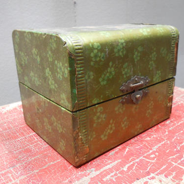 Antique Victorian Era Celluloid Paper Covered Vanity  Dresser Jewelry Box Small Container Treasure Chest Trinket Holder Green Floral Paper 
