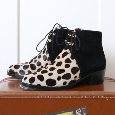 vintage 1990s lace-up ankle boots • Italian leopard print fur & black suede booties 