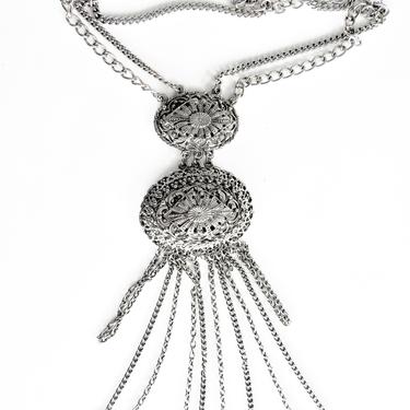 Silver Tone Vintage Etruscan Revival Multi Chain Tassel Necklace 