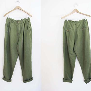 Vintage Olive Green Linen Cotton Trouser Pants 28 - High Waist Dark Olive Green Pants - Pleated Linen Trousers - Minimalist Baggy Pant 
