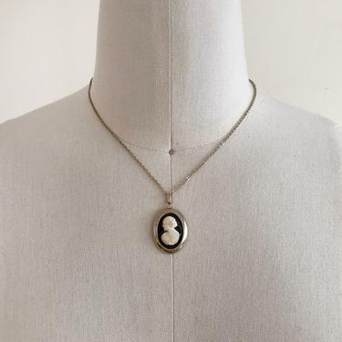 Black Cameo Pendant Necklace with Silver-Toned Chain - 1970s 