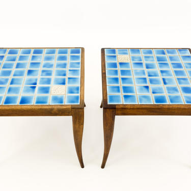 Mid Century Italian Style Blue Mosaic Side End Tables - mcm 