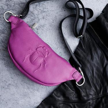 Magenta Scarab Embossed Leather Belt Bag